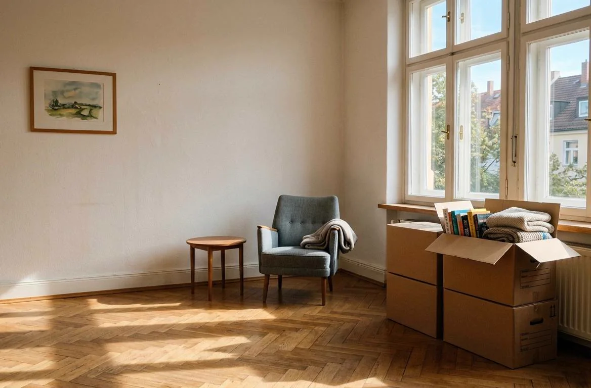 Helle leere Wohnung mit ein paar verbleibenden Kartons und einem Sessel, Sinnbild für die unterschiedlichen Stadien zwischen Entrümpelung und Haushaltsauflösung