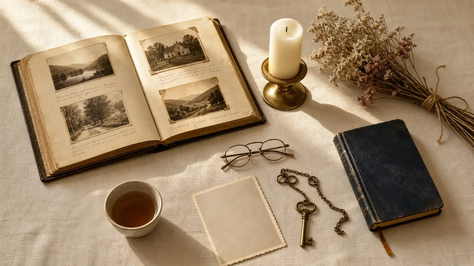Ruhiges Stillleben aus einem Fotoalbum, einer einzelnen Kerze und einer kleinen Pflanze in warmem Tageslicht, Sinnbild für die behutsame Auflösung einer Wohnung nach einem Trauerfall