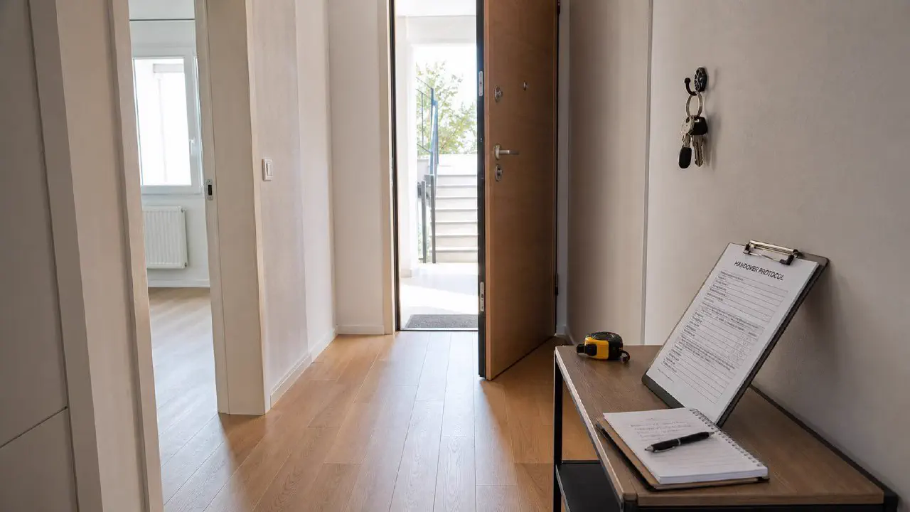 Leere Wohnung mit Schlüsselbund auf der Fensterbank vor besenreinem Holzboden, Sinnbild für eine pünktliche Übergabe nach abgeschlossenem Notarvertrag
