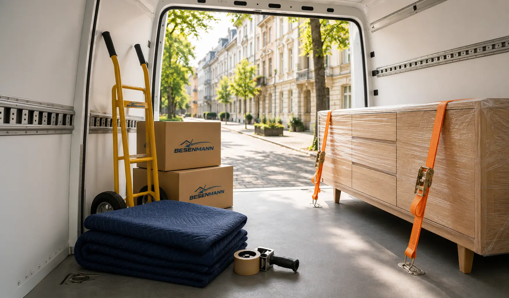 Blick in das offene Heck eines hellen Transporters: ein foliengeschütztes Sideboard ist mit orangefarbenen Spanngurten gesichert, daneben Sackkarre mit gelben Griffen, gestapelte Kartons und eine gefaltete Umzugsdecke, durch die offenen Türen sieht man eine sonnige Altbaustraße