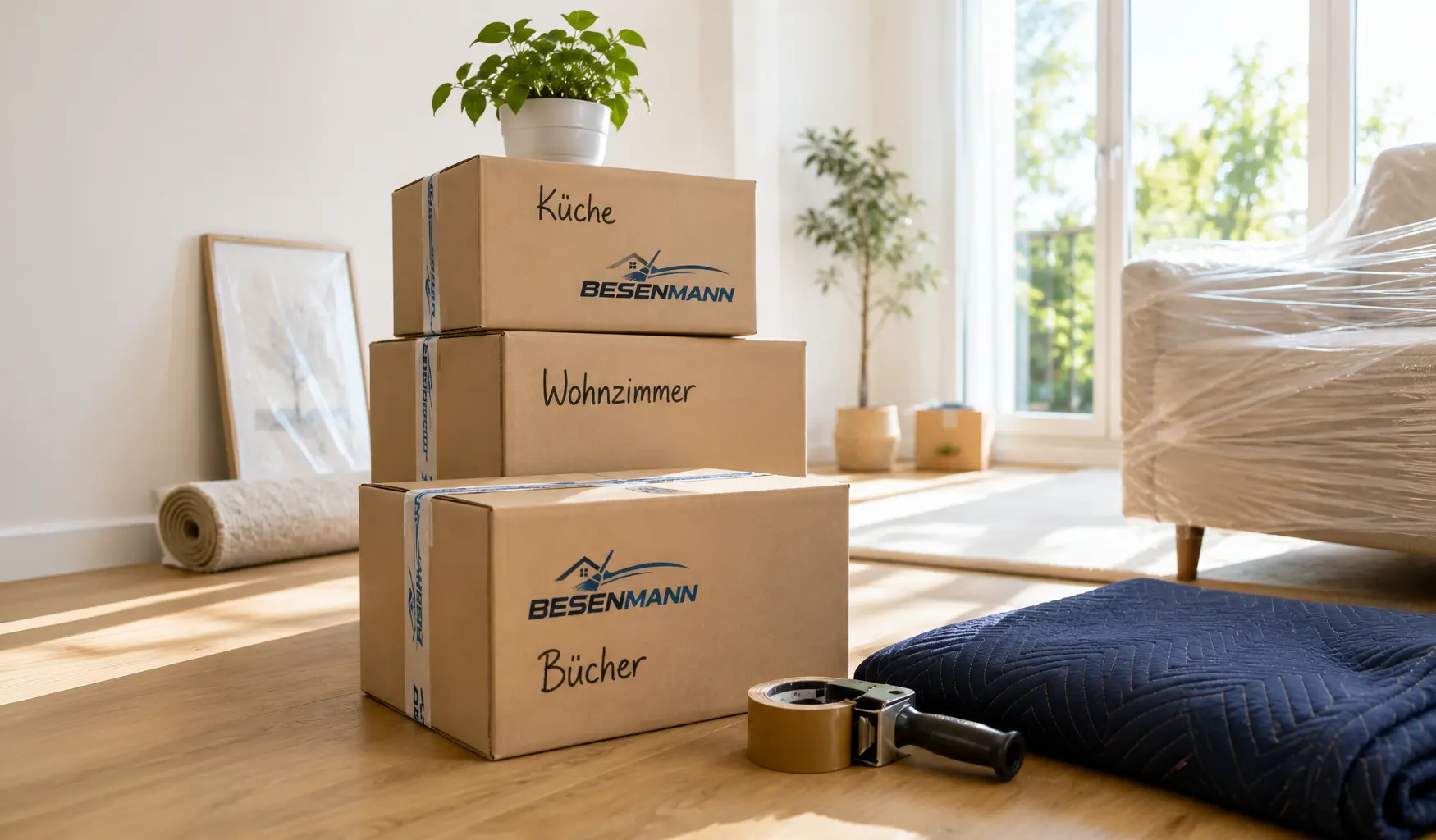 Sorgfältig beschriftete Umzugskartons (Küche, Bücher, Wohnzimmer) in einer hellen, sonnendurchfluteten Wohnung, eine kleine Zimmerpflanze auf dem obersten Karton, im Hintergrund foliengeschützte Möbel, vorbereitet für den Umzug durch BESENMANN